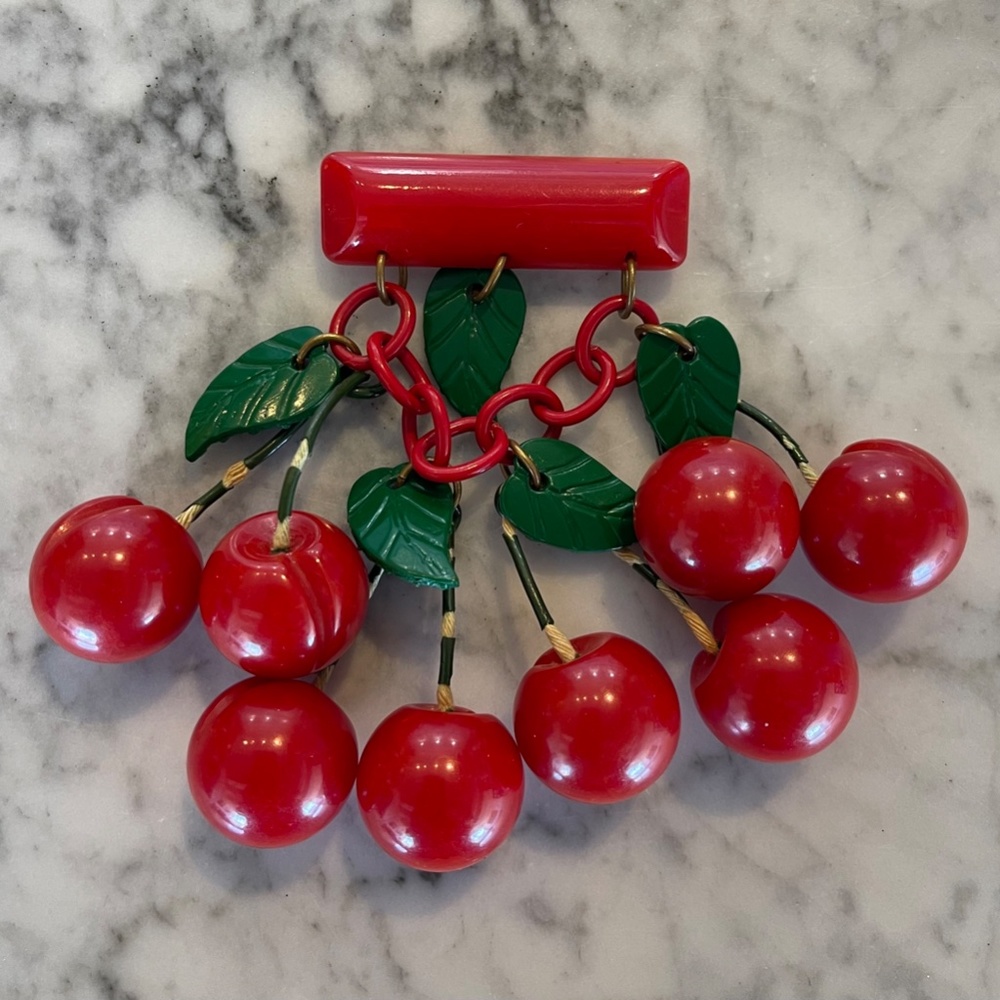 Vintage Bakelite Statement Pin - Hanging Cherries with Green Leaves